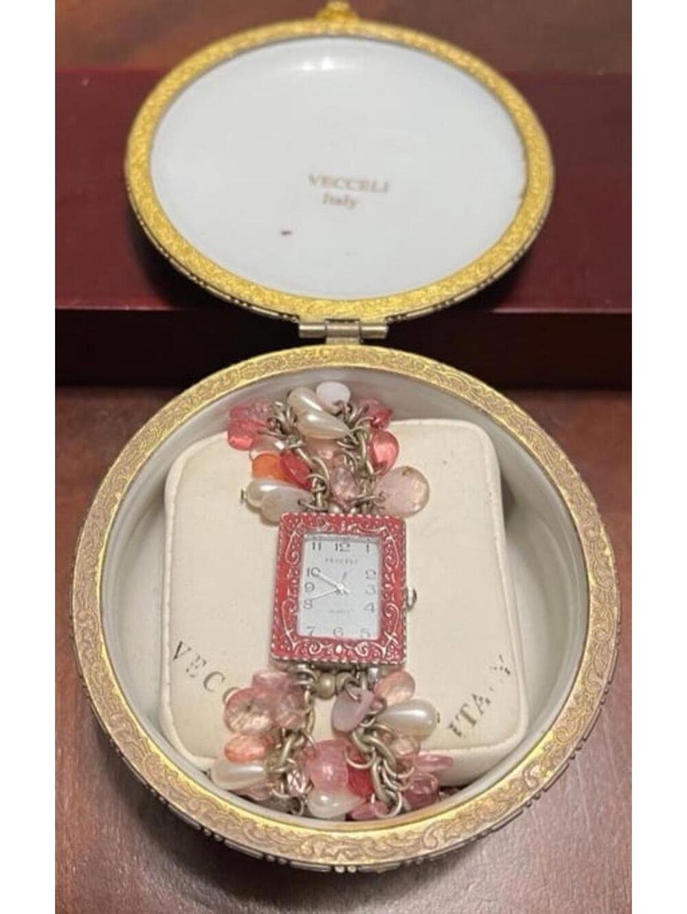 VECCELI Italian Rhinestone and beaded bracelet wristwatch in pink like new